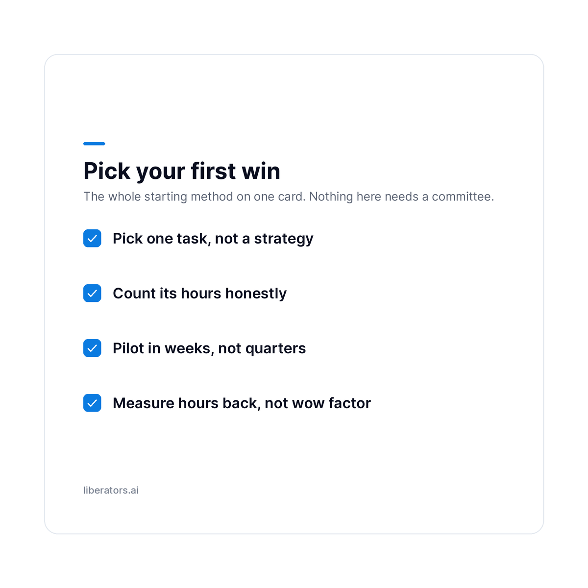 First-win starter card for small business owners: pick one task, count the hours, pilot in weeks, measure hours back