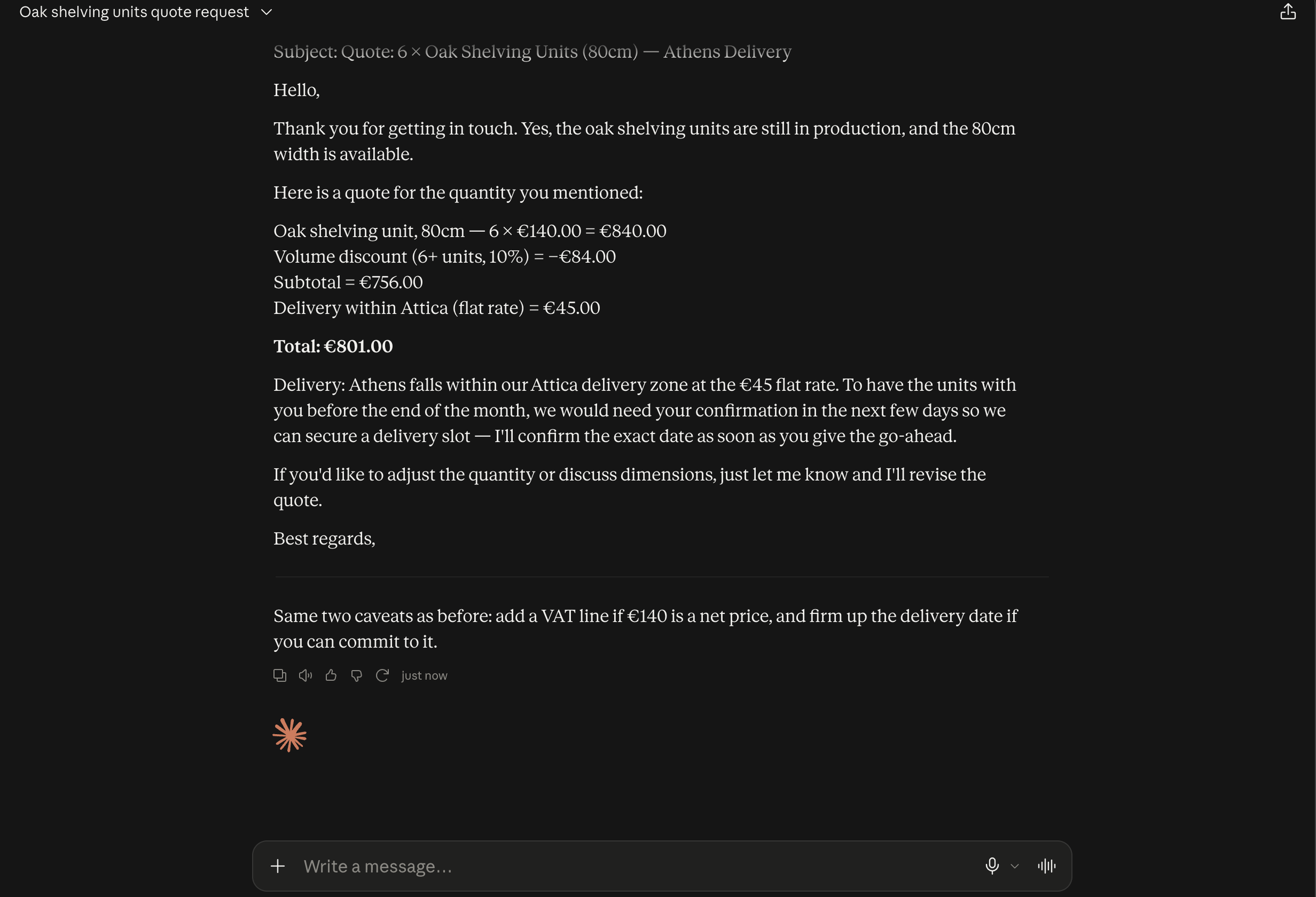 Screenshot of a real AI tool turning a messy customer inquiry into a drafted quote