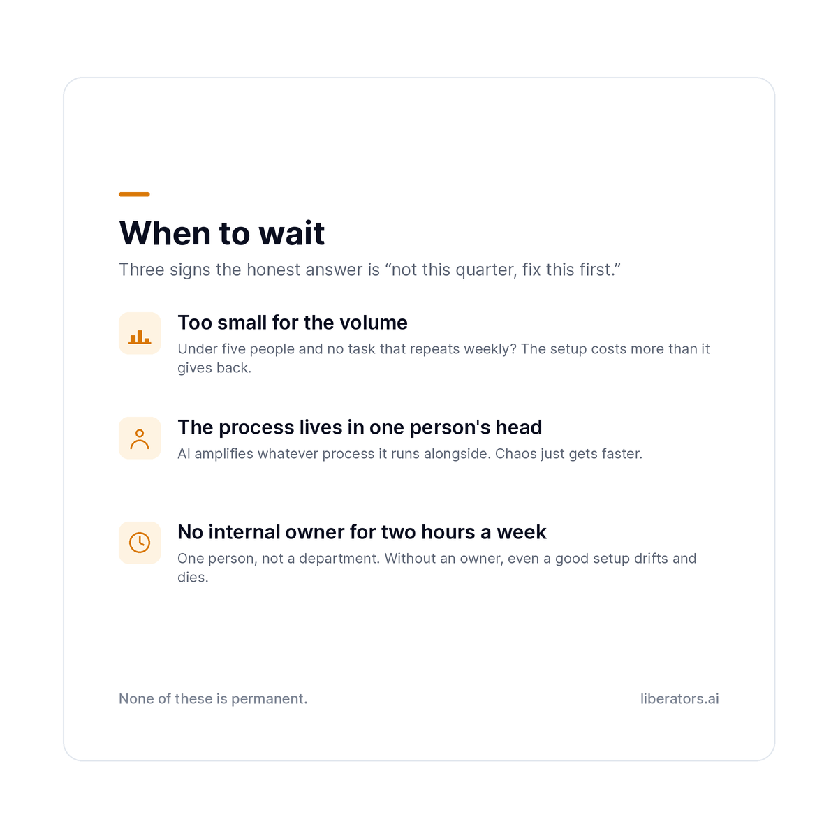 Three signs a small business should wait on AI: too small for the volume, process in one head, no internal owner
