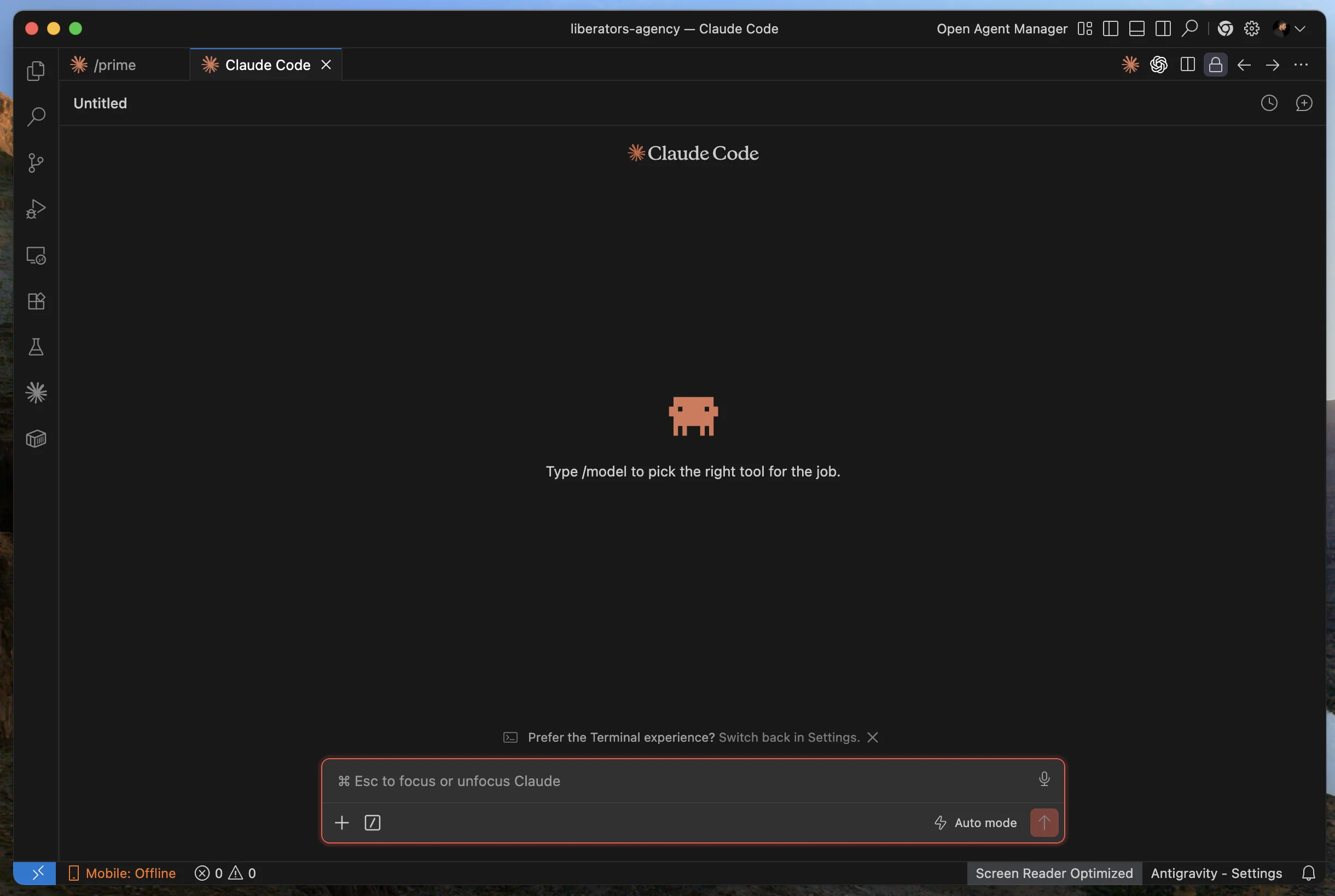 Antigravity IDE with a Claude Code session, welcome screen