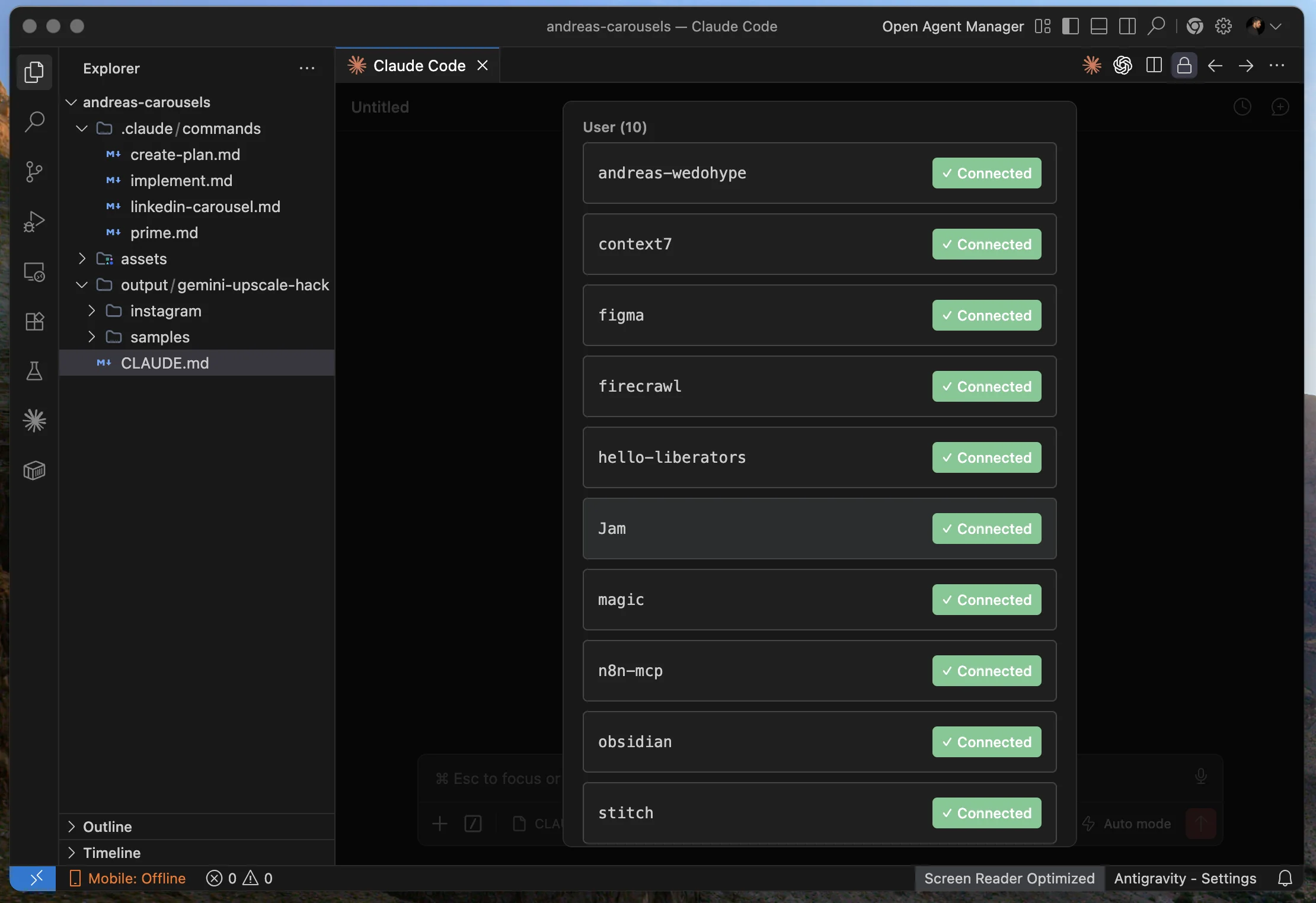 MCP list in Antigravity with active servers, all connected