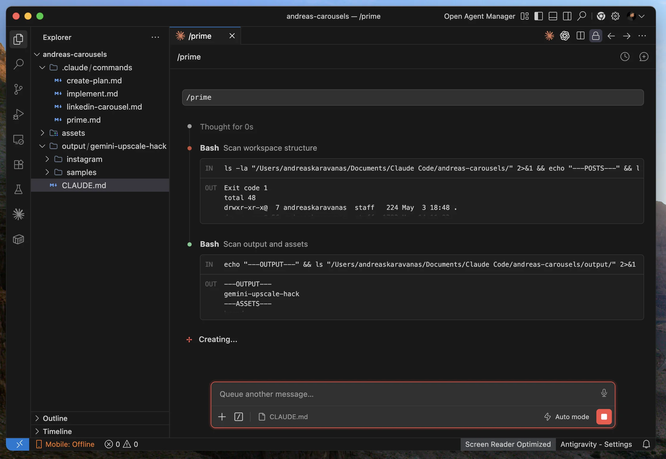 /prime running in andreas-carousels: Bash commands scanning the workspace and output, then composing