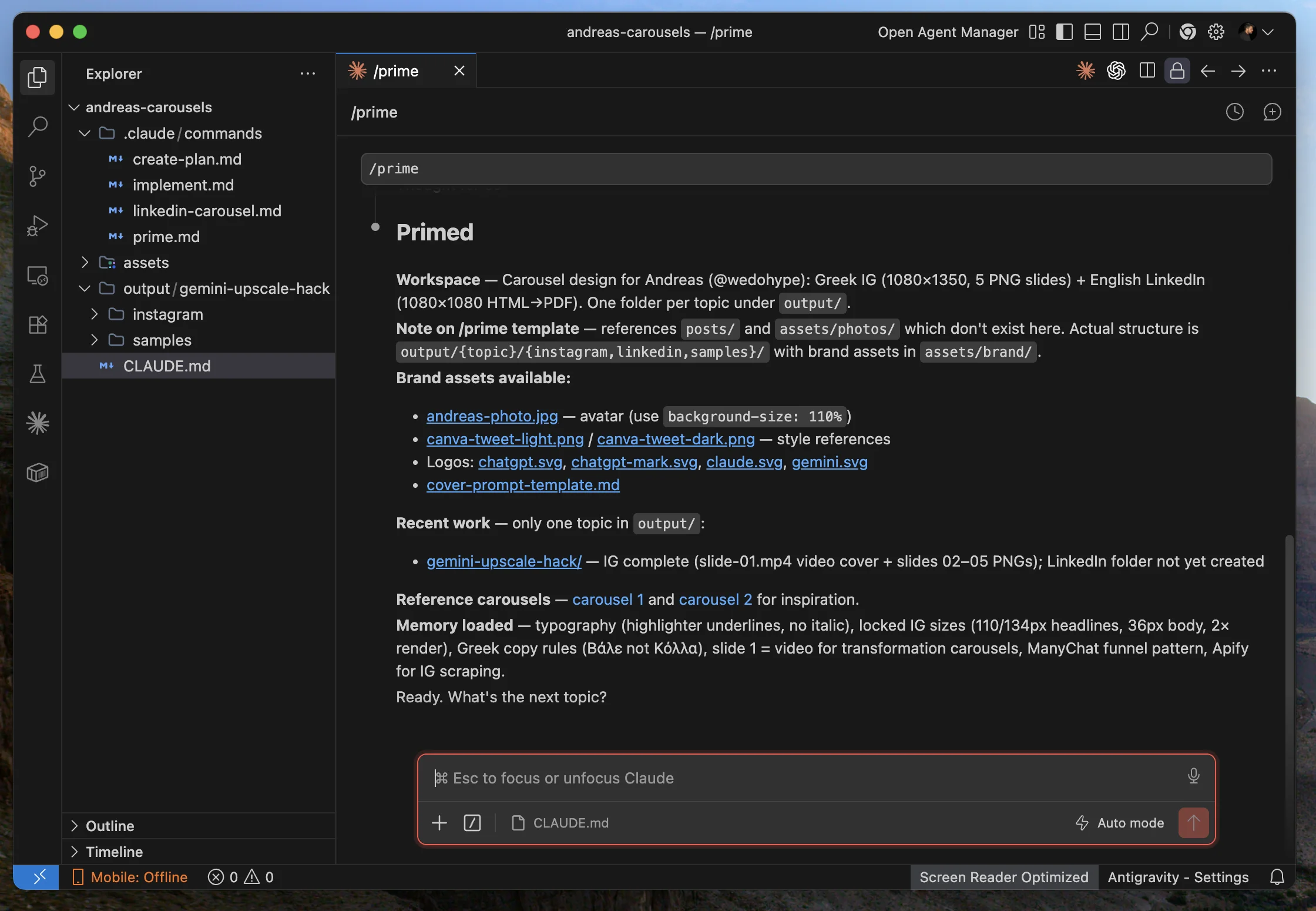 /prime output: a Primed screen with workspace, brand assets, recent work, reference carousels and memory loaded