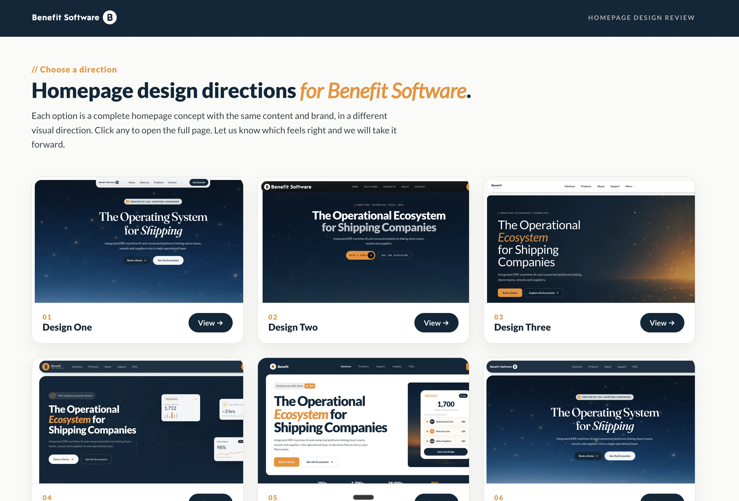 Six different homepage designs for the client
