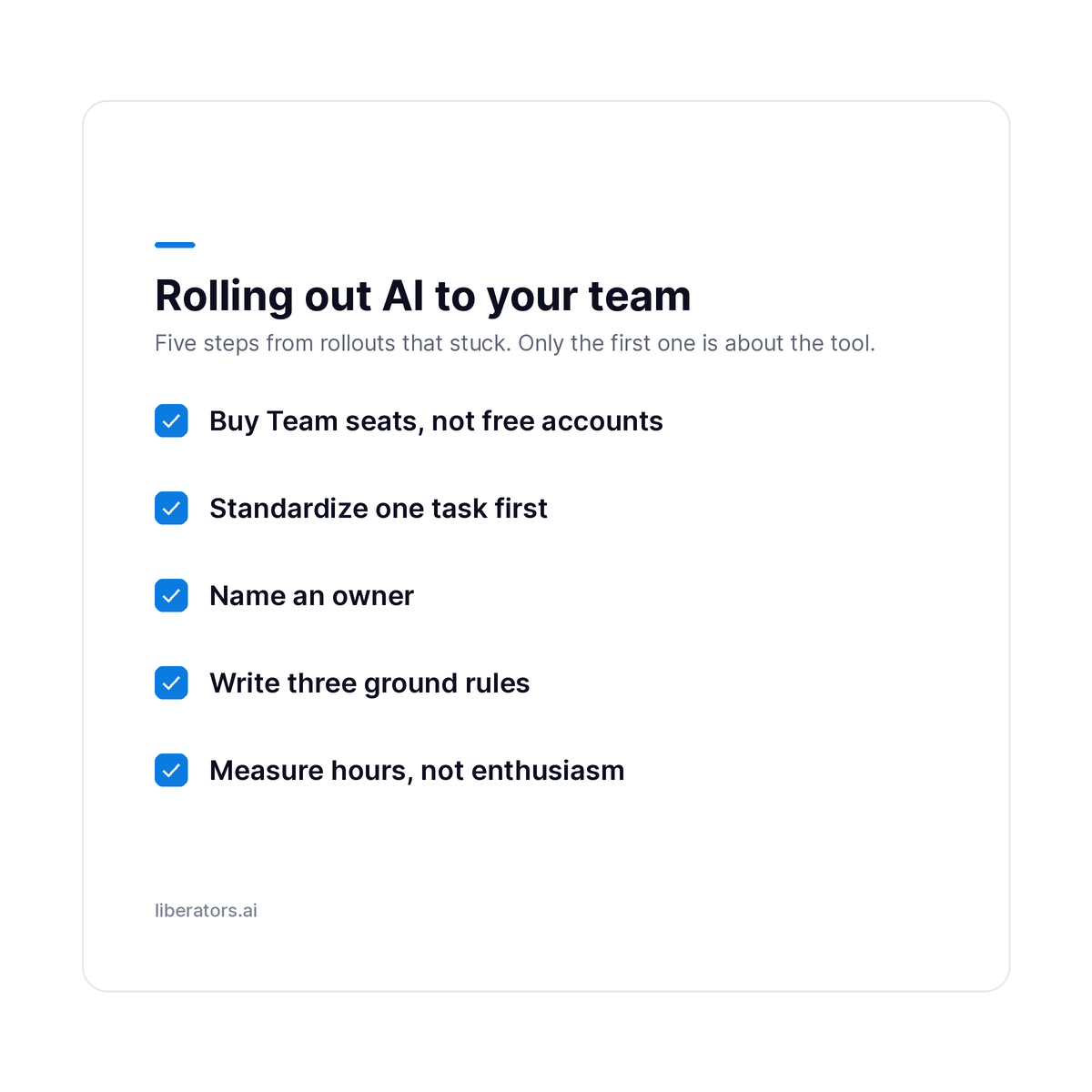 A five-step checklist for rolling out Claude or ChatGPT to a team