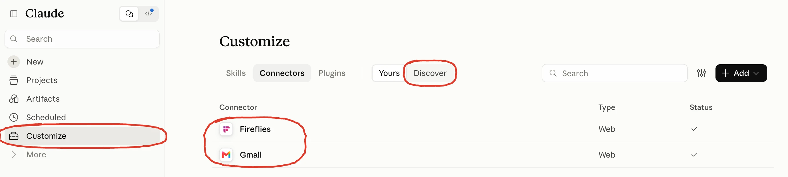 The Customize page in Claude on the Connectors tab, with Discover highlighted and Fireflies and Gmail connected