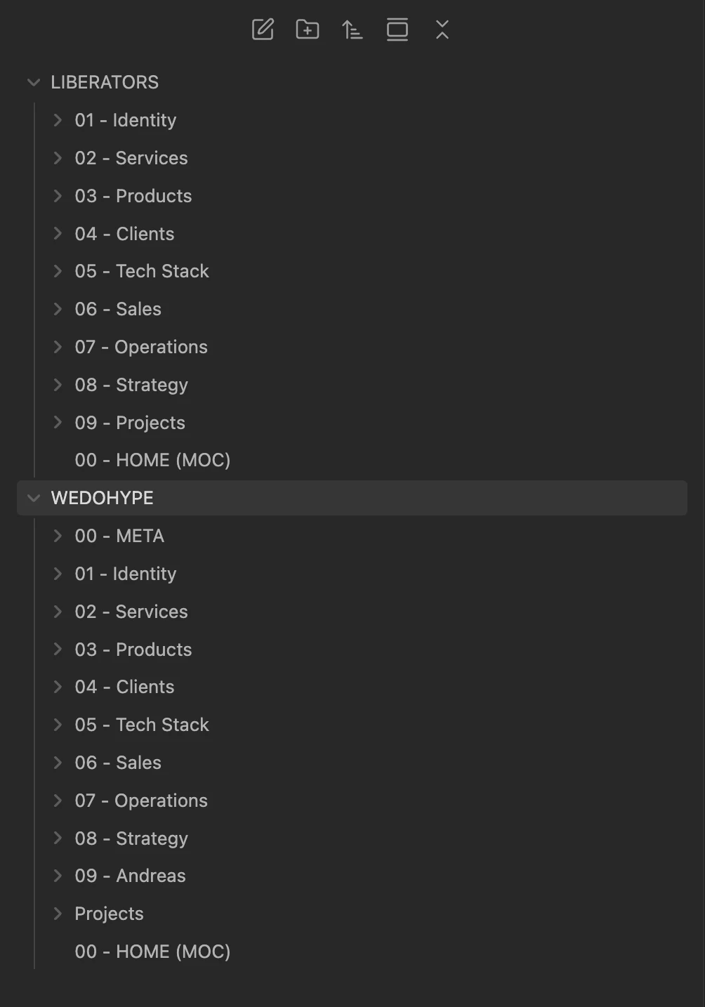 The LIBERATORS and WEDOHYPE folders in Obsidian, with Identity, Services, Clients, Sales and Strategy