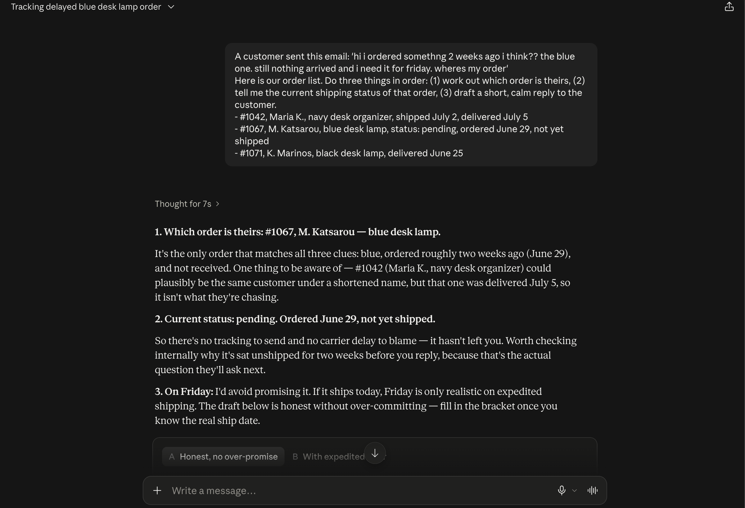 Screenshot of an AI agent completing a multi-step task: reading a vague request, finding the right order, and drafting a reply