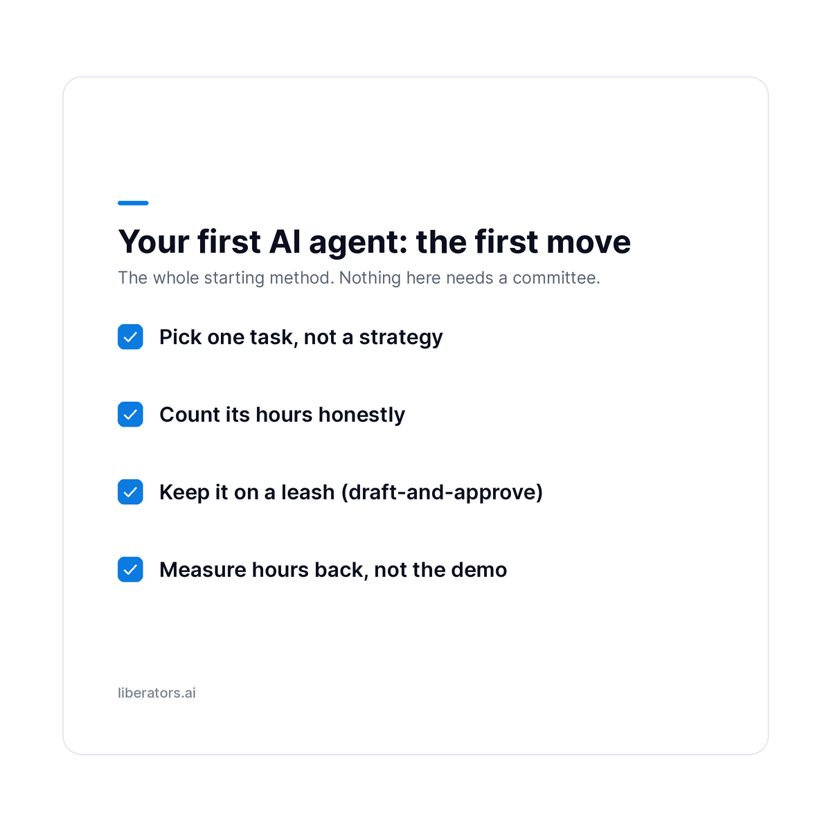 AI agent starter checklist: pick one task, count the hours, keep it on a leash, measure hours back