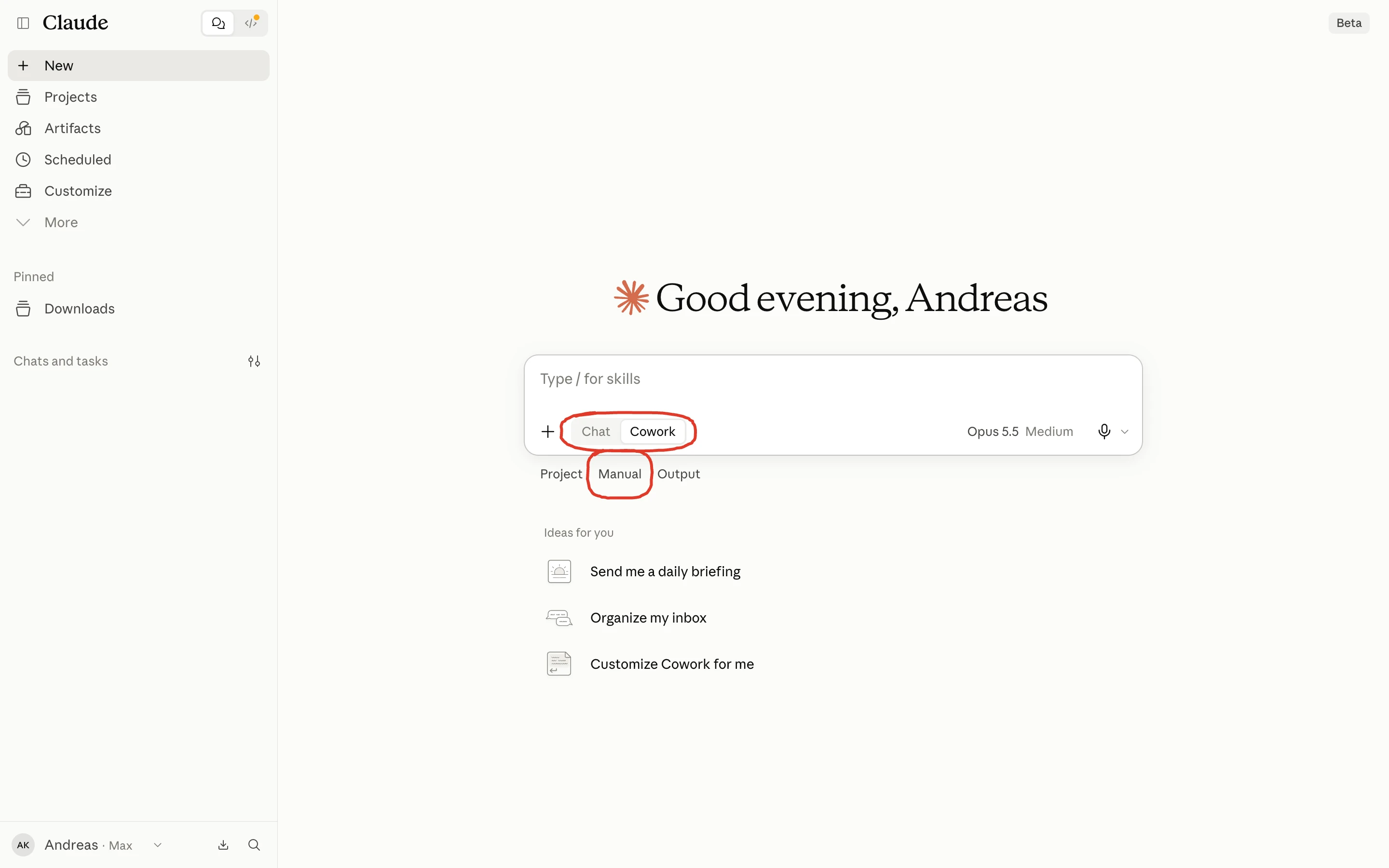 Cowork mode in Claude, with the Chat and Cowork switch and the Manual setting