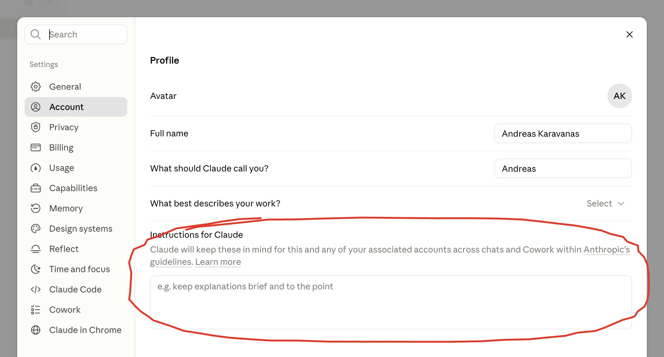 The Instructions for Claude box in the Claude settings