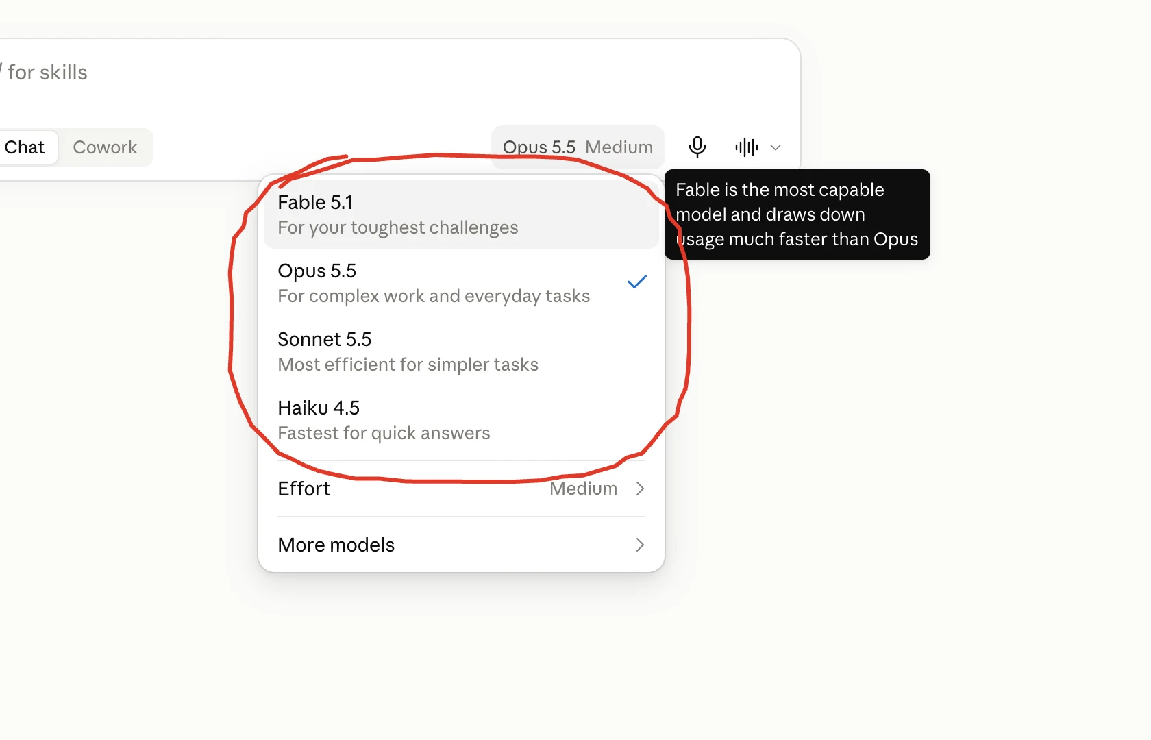The Claude model menu with Fable, Opus, Sonnet and Haiku