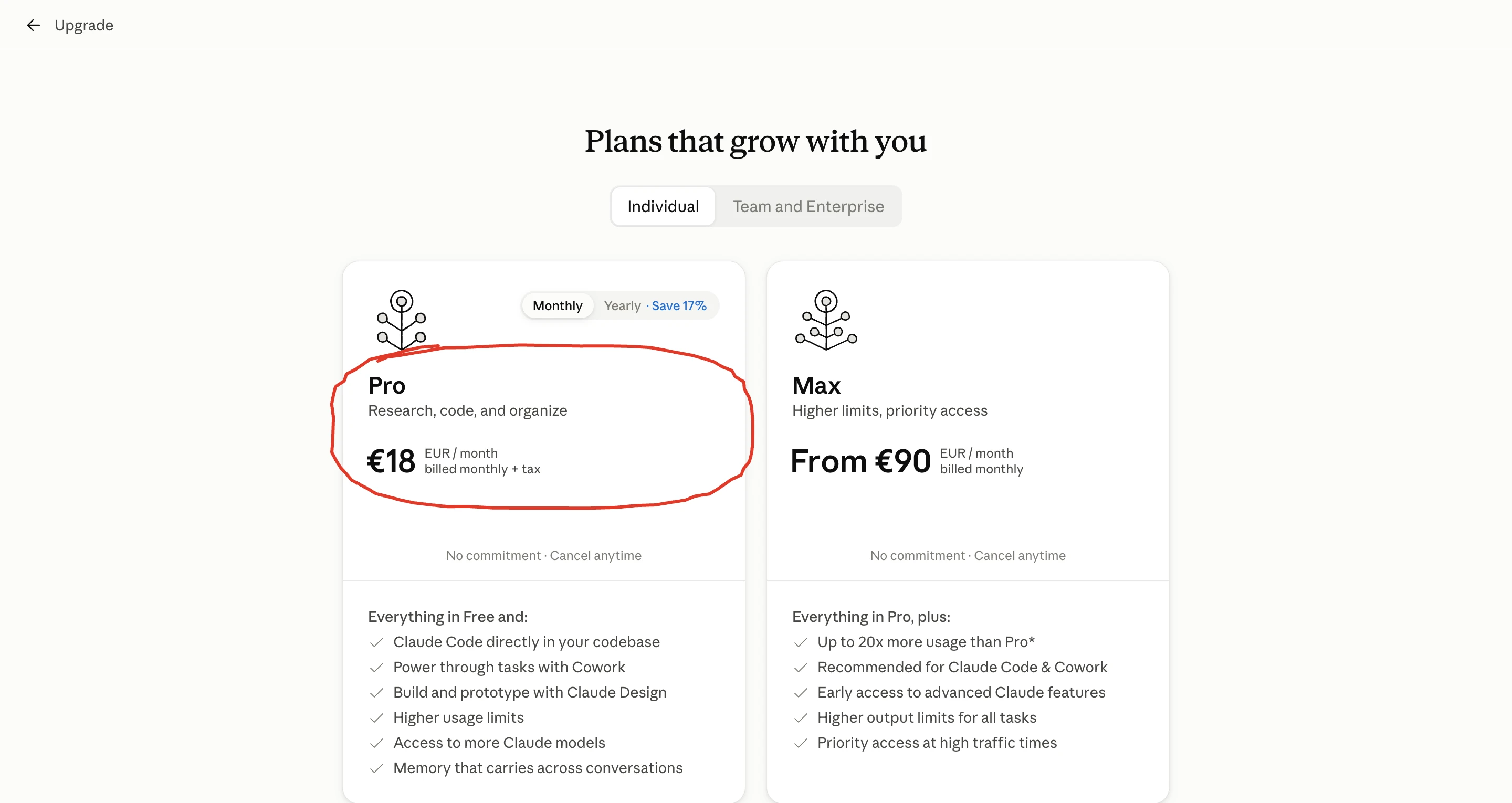 The Claude plans page, with Pro at €18 a month and Max from €90 a month