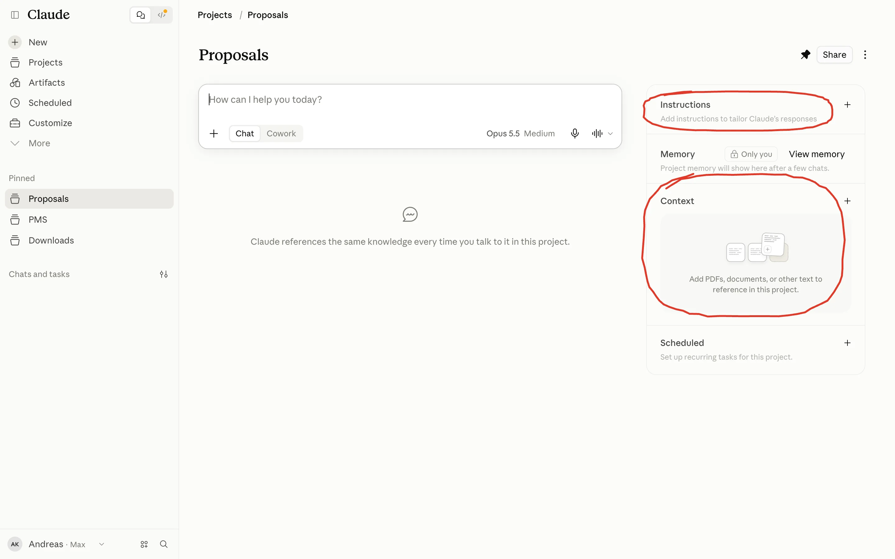 The new Proposals project in Claude, with the Instructions and Context sections on the right
