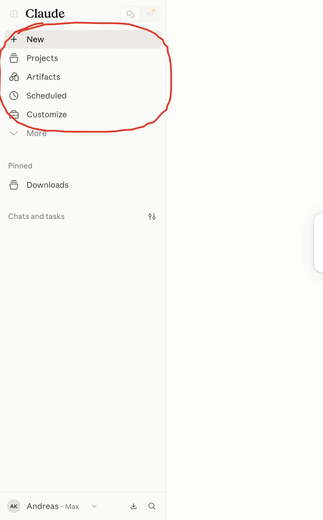 The sidebar in Claude with New, Projects, Artifacts, Scheduled and Customize